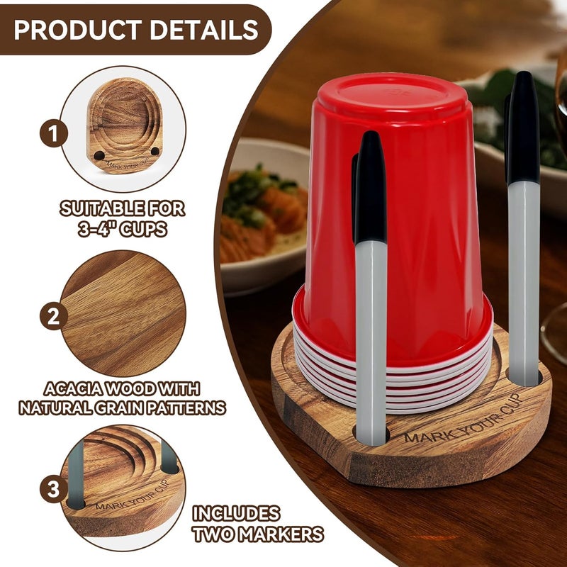 YAQUHO Party Cup Holder with Marker Slot, Acacia Wood Bathroom Cup Dispenser Mark Your Cup and Drink Up, Hosting Essential to Prevent Mix-Ups & Mark Your Cup for Birthdays, BBQs, Holiday Events - Image 3